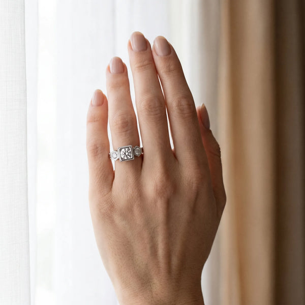 White gold Bezel-Set Princess and Round Cut Milgrain Band Ring