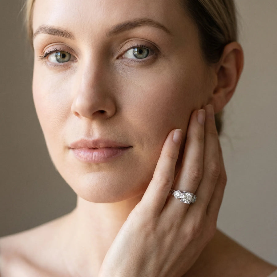 White gold Bezel-Set Princess and Round Cut Milgrain Band Ring