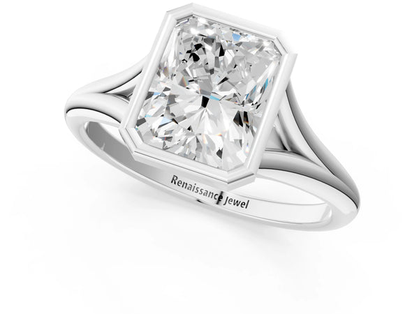 White gold Bezel Set Radiant Cut Solitaire Ring with Tapered Band