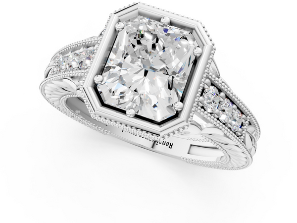 White gold Bezel Set Radiant Diamond Milgrain Pave Engagement Ring