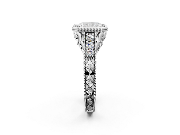 White gold Bezel Set Radiant Diamond Milgrain Pave Engagement Ring