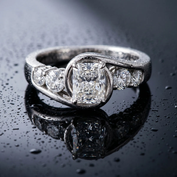 Platinum Radiant Cut Bezel Bypass Engagement Ring Setting with Round Side Accents