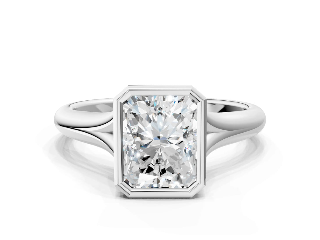 White gold Bezel Set Radiant Solitaire Diamond Ring with Smooth Band 1
