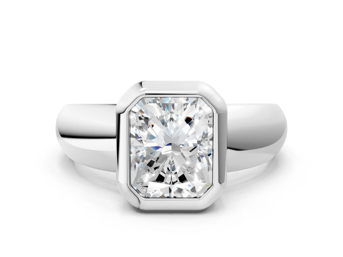 White gold Bezel Set Radiant Solitaire Ring with Wide Band 1