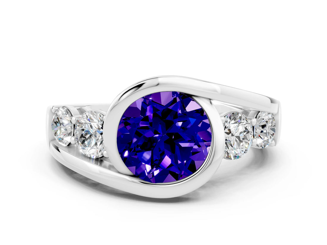 White gold Bezel Set Round Cut Diamond Split Shank Ring_11