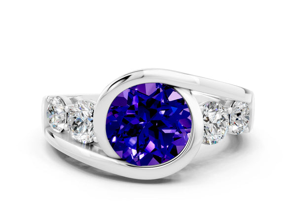 Platinum Bezel Set Round Cut Tanzanite Bypass Ring with Round  Accents