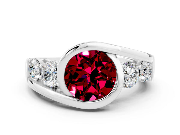 Platinum Bezel Set Round Cut Garnet Bypass Ring with Round  Accents