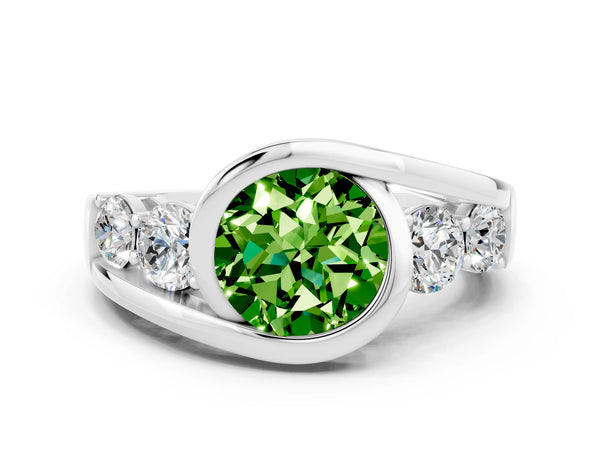 Platinum Bezel Set Round Cut Peridot Bypass Ring with Round  Accents
