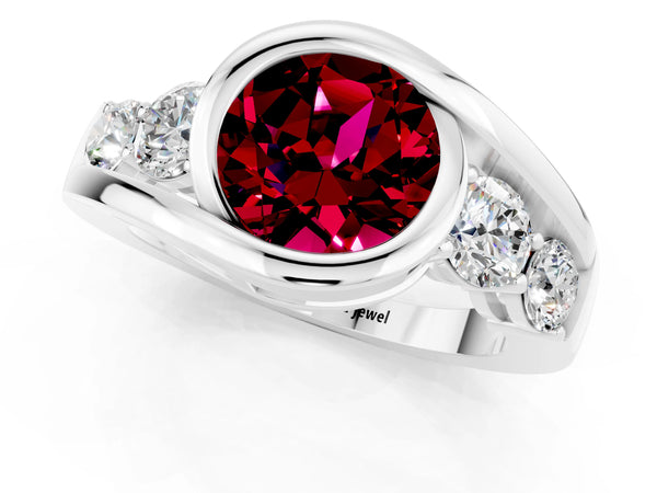 Platinum Bezel Set Round Cut Garnet Bypass Ring with Round  Accents