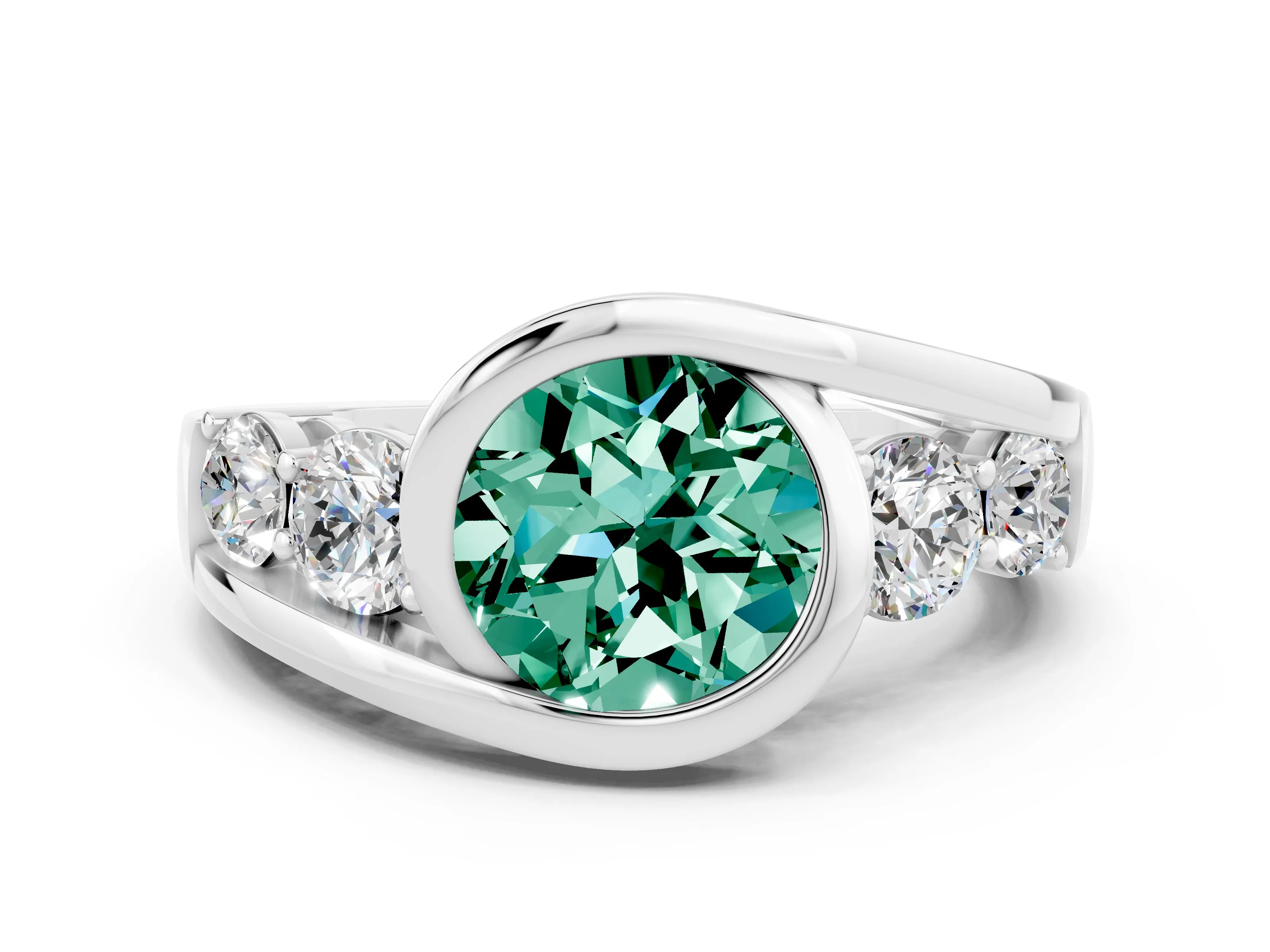 White gold Bezel Set Round Cut Diamond Split Shank Ring_12