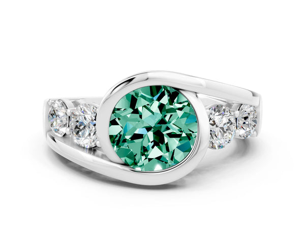 Platinum Bezel Set Round Cut Green Sapphire Bypass Ring with Round  Accents