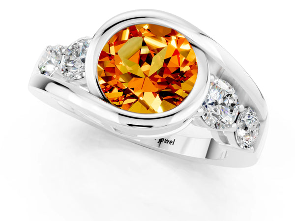 Platinum Bezel Set Round Cut Citrine Bypass Ring with Round  Accents