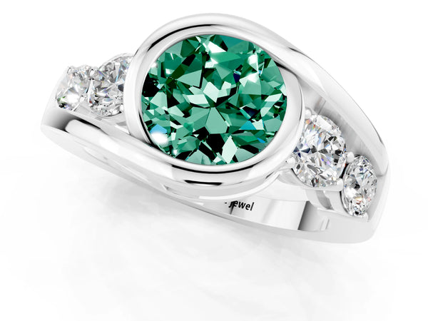 Platinum Bezel Set Round Cut Green Sapphire Bypass Ring with Round  Accents