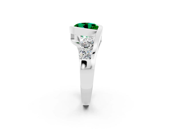 White gold Bezel Set Round Cut Emerald Bypass Ring with Round  Accents