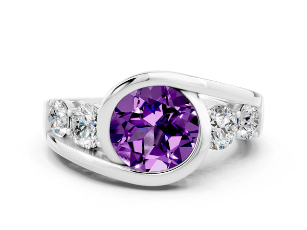 Silver Bezel Set Round Cut Amethyst Bypass Ring with Round  Accents