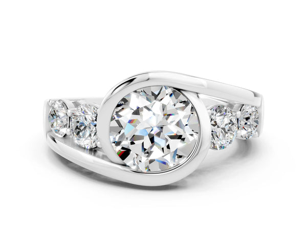 White gold Bezel Set Round Cut Moissanite Bypass Ring with Round  Accents