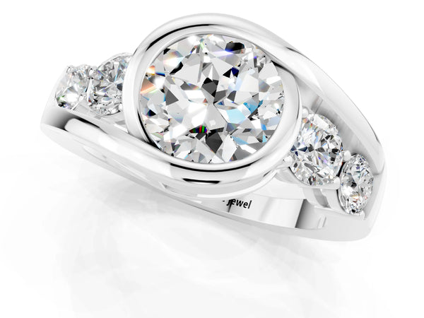 Silver Bezel Set Round Cut Moissanite Bypass Ring with Round  Accents