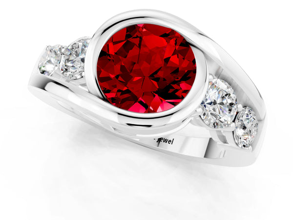 White gold Bezel Set Round Cut Ruby Bypass Ring with Round  Accents