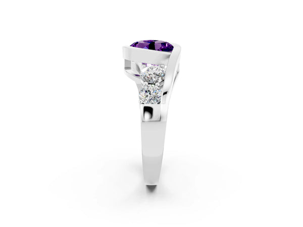 Silver Bezel Set Round Cut Amethyst Bypass Ring with Round  Accents