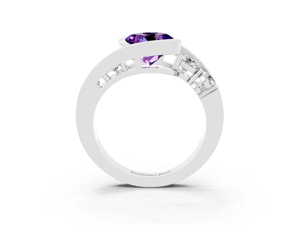 Silver Bezel Set Round Cut Amethyst Bypass Ring with Round  Accents