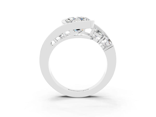Silver Bezel Set Round Cut Moissanite Bypass Ring with Round  Accents
