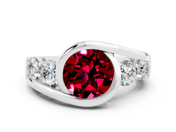 Platinum Bezel Set Round Cut Garnet Bypass Ring with Round  Accents