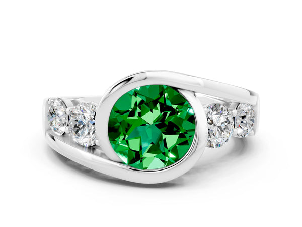 Platinum Bezel Set Round Cut Emerald Bypass Ring with Round  Accents