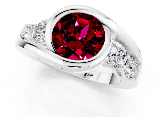 Platinum Bezel Set Round Cut Garnet Bypass Ring with Round  Accents