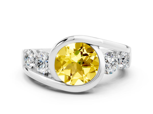 Platinum Bezel Set Round Cut Yellow Sapphire Bypass Ring with Round  Accents