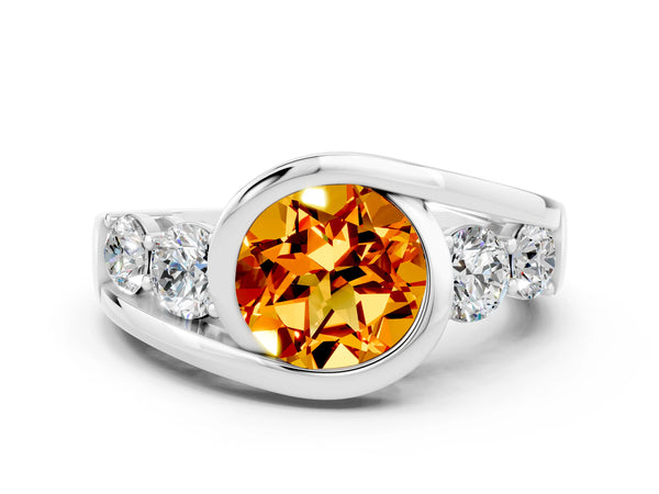 Platinum Bezel Set Round Cut Citrine Bypass Ring with Round  Accents