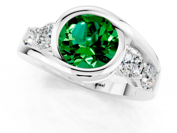 Platinum Bezel Set Round Cut Emerald Bypass Ring with Round  Accents