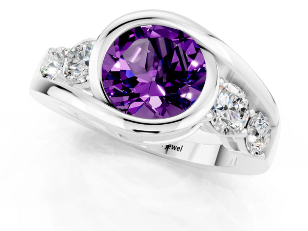 Platinum Bezel Set Round Cut Amethyst Bypass Ring with Round  Accents