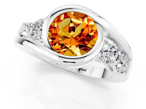 Platinum Bezel Set Round Cut Citrine Bypass Ring with Round  Accents