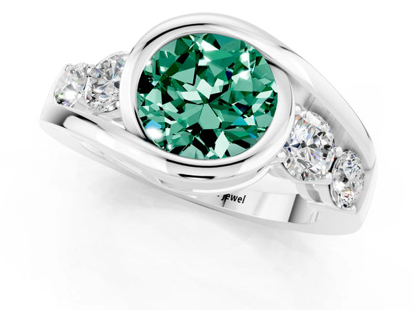 Platinum Bezel Set Round Cut Green Sapphire Bypass Ring with Round  Accents