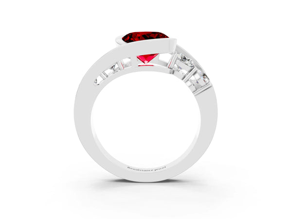 Platinum Bezel Set Round Cut Ruby Bypass Ring with Round  Accents