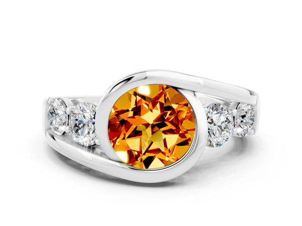 Silver Bezel Set Round Cut Citrine Bypass Ring with Round  Accents