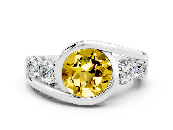 Silver Bezel Set Round Cut Yellow Sapphire Bypass Ring with Round  Accents