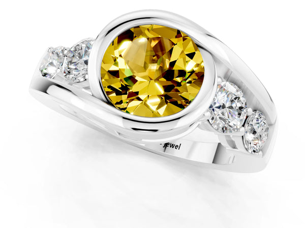 Silver Bezel Set Round Cut Yellow Sapphire Bypass Ring with Round  Accents