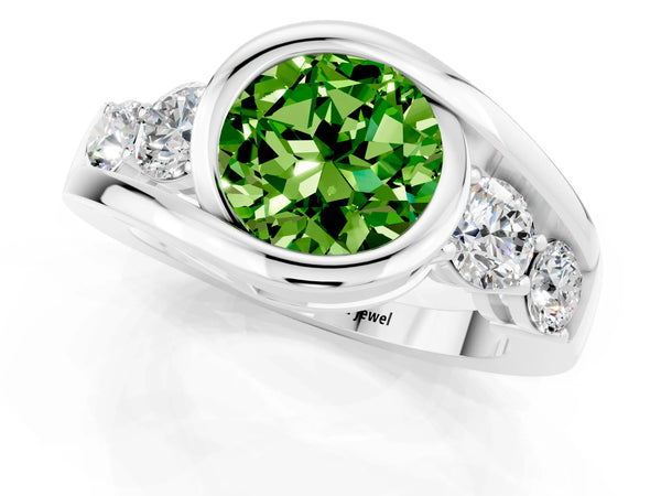 Silver Bezel Set Round Cut Peridot Bypass Ring with Round  Accents