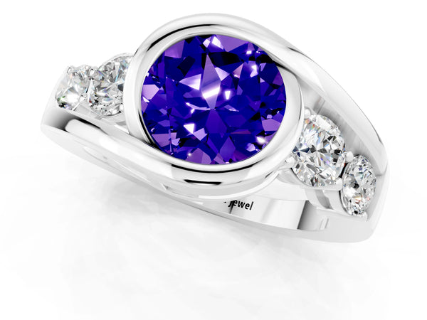 White gold Bezel Set Round Cut Tanzanite Bypass Ring with Round  Accents