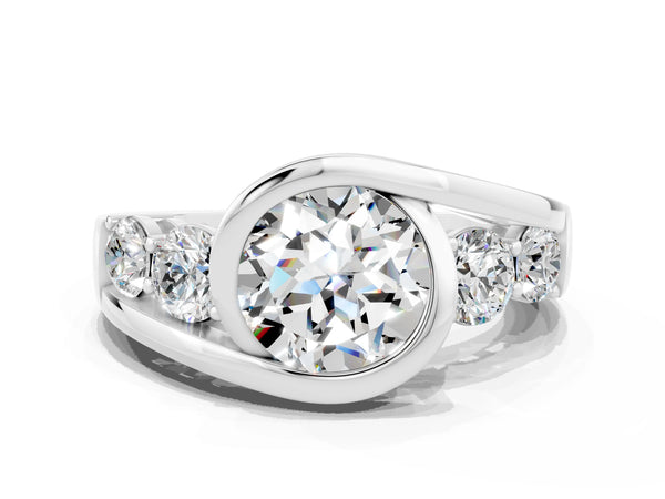 Platinum Bezel Set Round Cut Moissanite Bypass Ring with Round  Accents