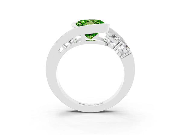 White gold Bezel Set Round Cut Peridot Bypass Ring with Round  Accents