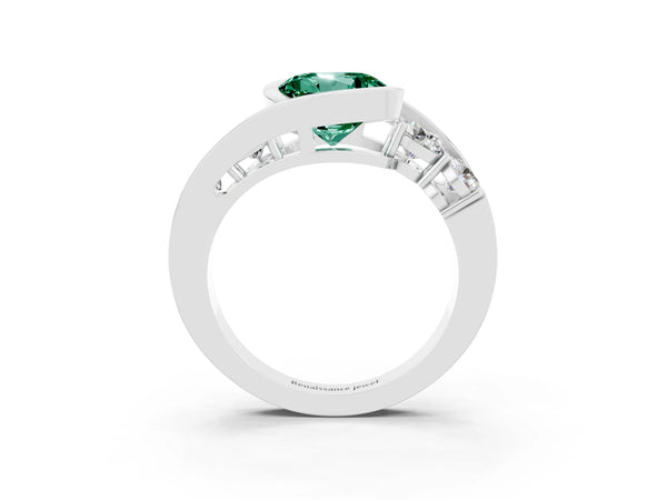 Silver Bezel Set Round Cut Green Sapphire Bypass Ring with Round  Accents