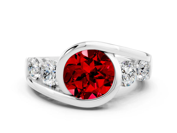 White gold Bezel Set Round Cut Ruby Bypass Ring with Round  Accents