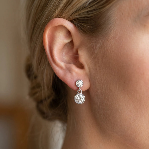 White gold Bezel-Set Round Cut Drop Earrings with Post Back