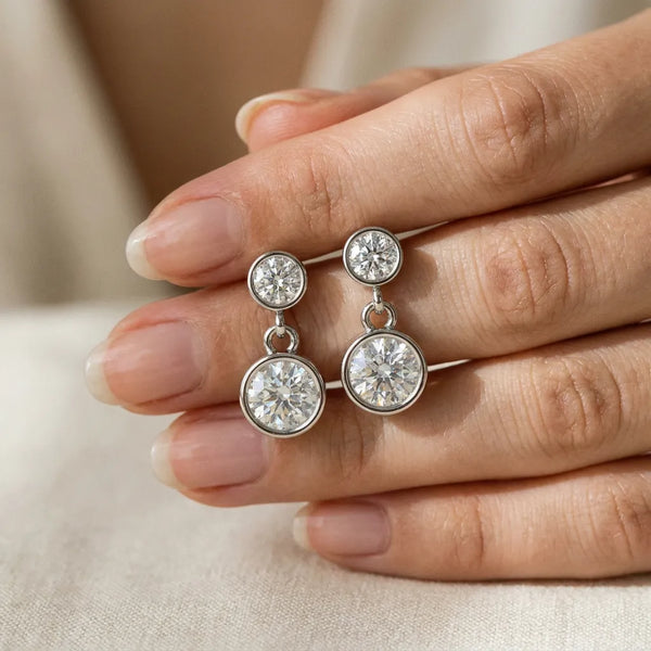 White gold Bezel-Set Round Cut Drop Earrings with Post Back