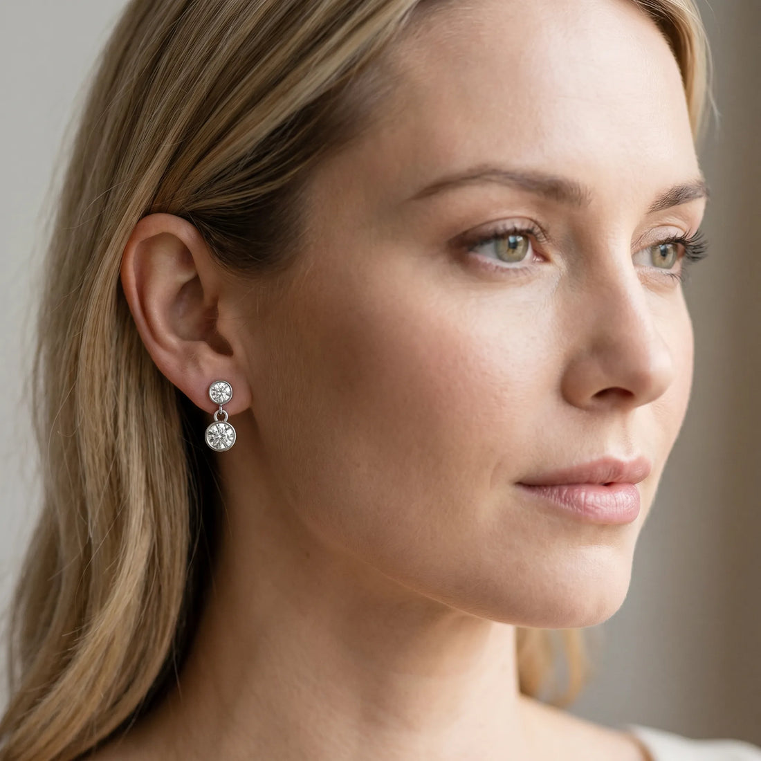 White gold Bezel-Set Round Cut Drop Earrings with Post Back_5