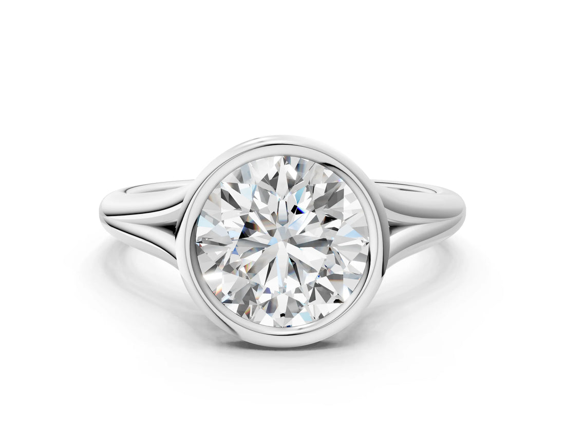 White gold Bezel Set Round Cut Solitaire Ring with Tapered Band