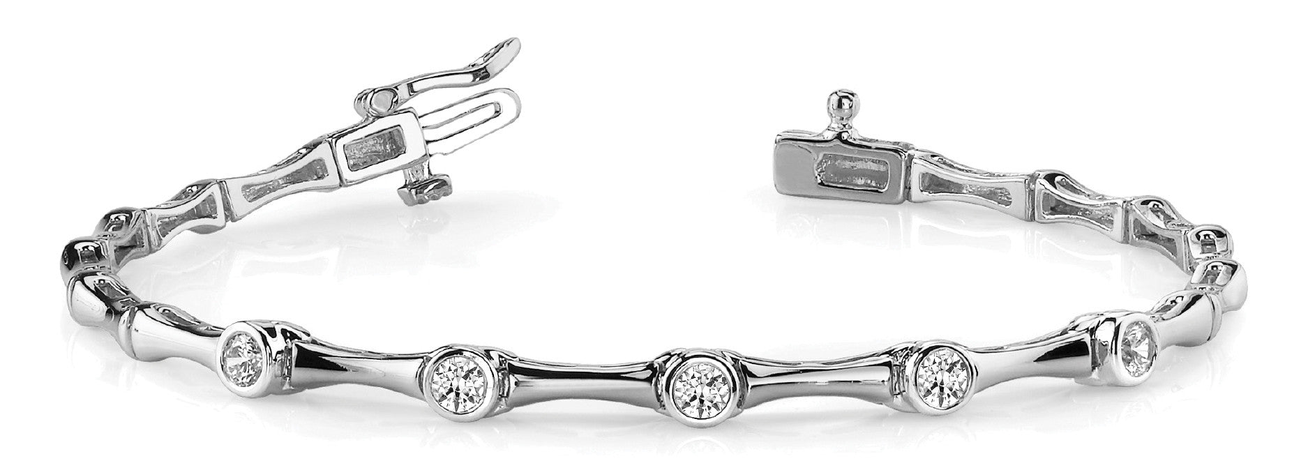 White gold Bezel Set Round Diamond Bamboo Link Bracelet