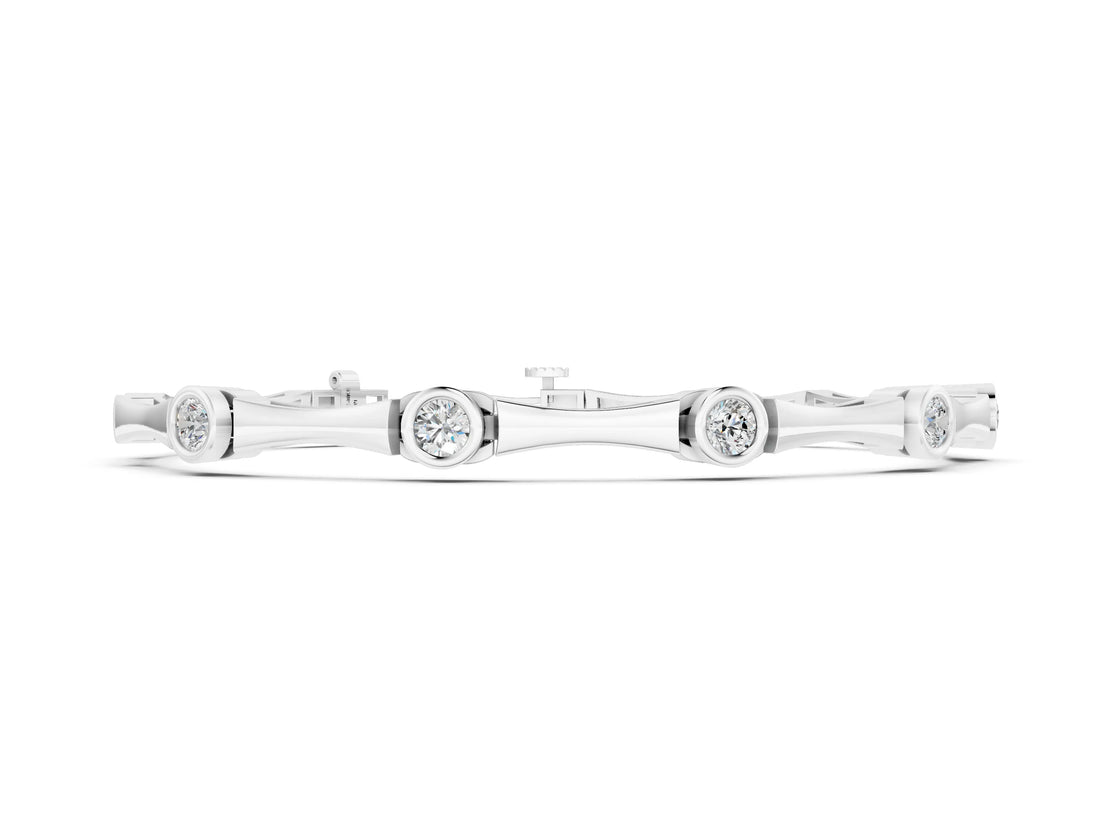 White gold Bezel Set Round Diamond Bamboo Link Bracelet_2